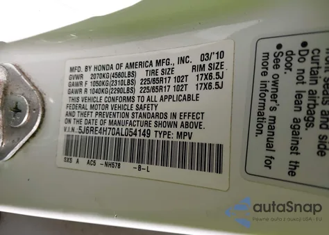 2010 Honda Cr-V Ex-L z USA, uszkodzony, nr VIN 5J6RE4H70AL054149